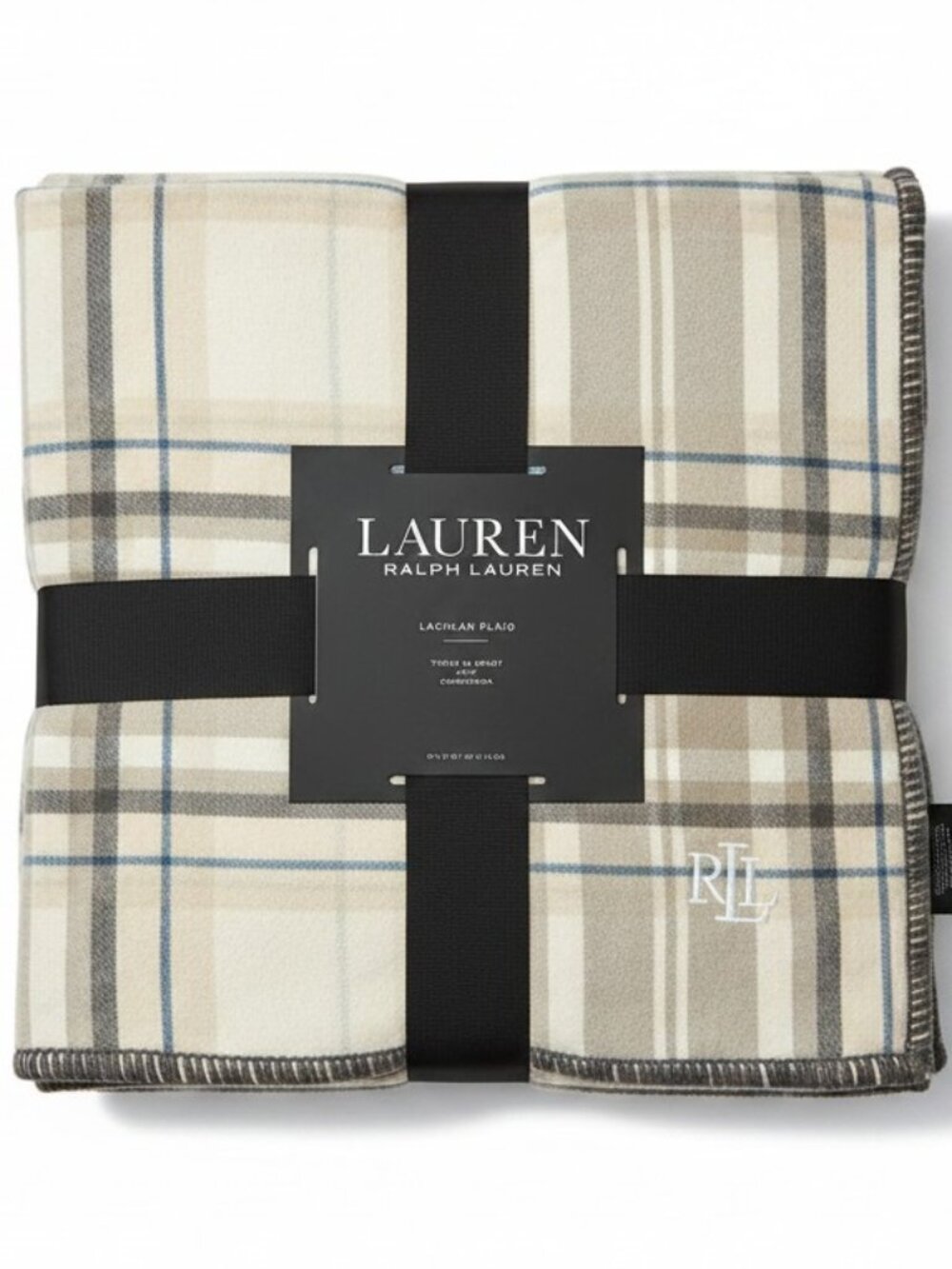 RALPH LAUREN Throw Blanket 54x72in Lachlan Plaid 100% Cotton Tan/Gray/Beige